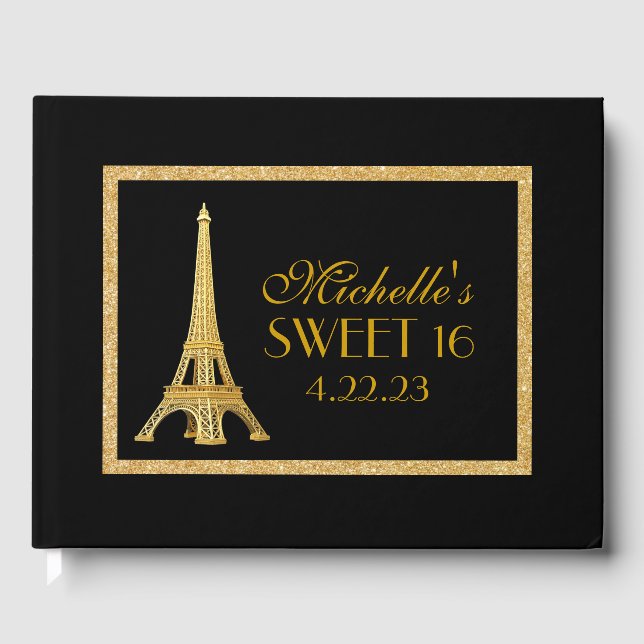 Paris Sweet 16 Gold Glitter Custom Guest Book (Front)