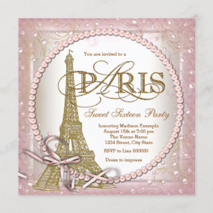 Paris Sweet 16 Party Pink and Gold Pearl Invitation