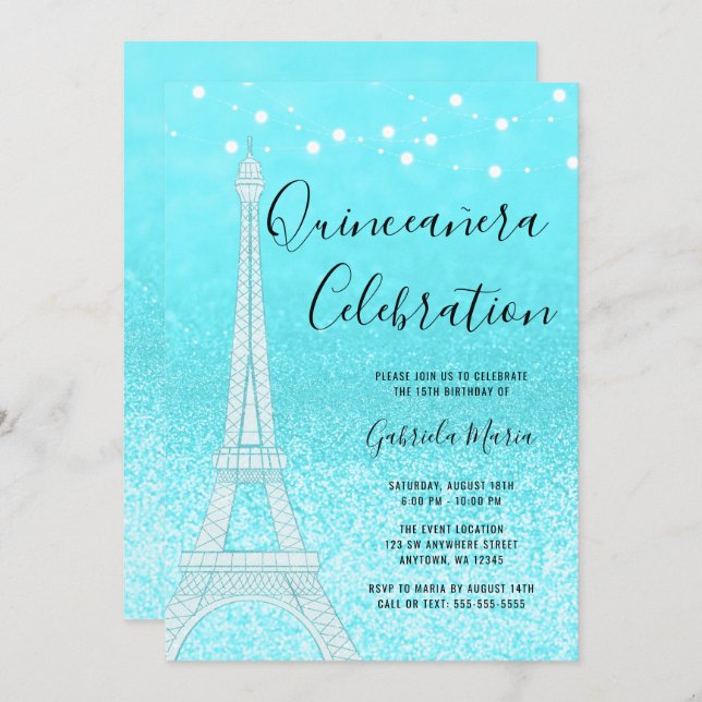 Paris Teal Blue Glitter Lights Quinceañera Invitation (Front/Back)
