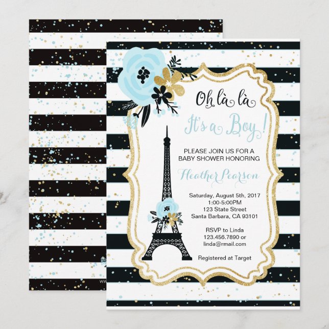 Paris Thème Baby shower Invitation - Bleu (Devant / Derrière)