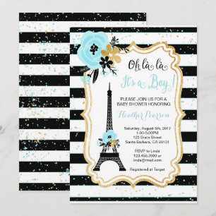 Paris Thème Invitation Baby shower - Bleu