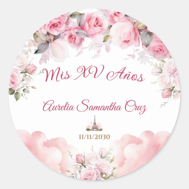 Paris Theme Pink Quinceañera Sticker Floral (Front)