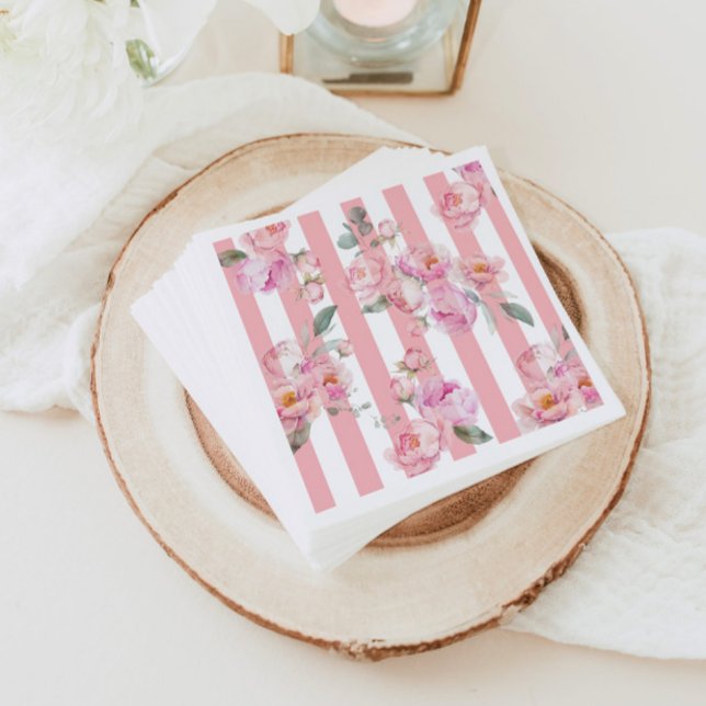 Paris theme pink stripes floral peony bridal napkin (Creator Uploaded)