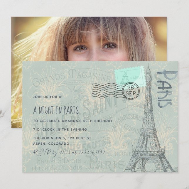 Paris themed Birthday Party add photo invitation (Front/Back)