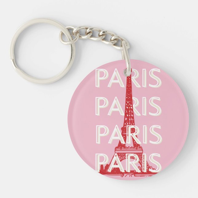 Paris, Travel Art, Retro Art, Pink Keychain (Front)