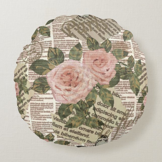 Paris Travel: Vintage Newspaper Wallpaper. Round Pillow (Front)