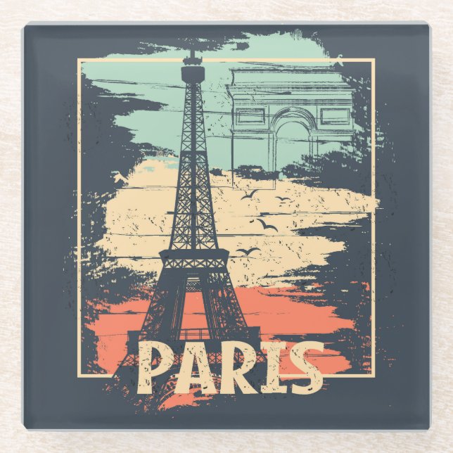 Paris typography: abstract Eiffel poster. Glass Coaster (Front)