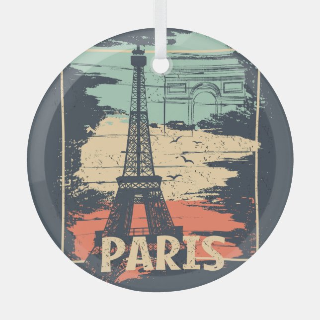 Paris typography: abstract Eiffel poster. Glass Ornament (Front)