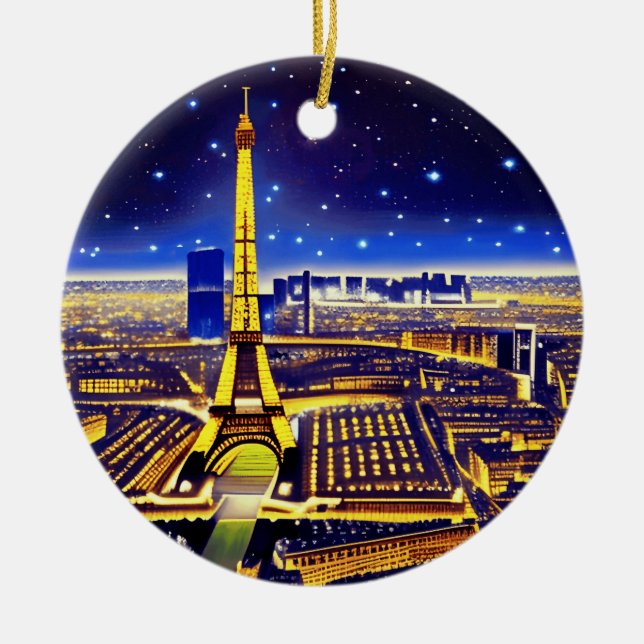 Paris Under a Purple Starry Sky Ceramic Ornament (Front)