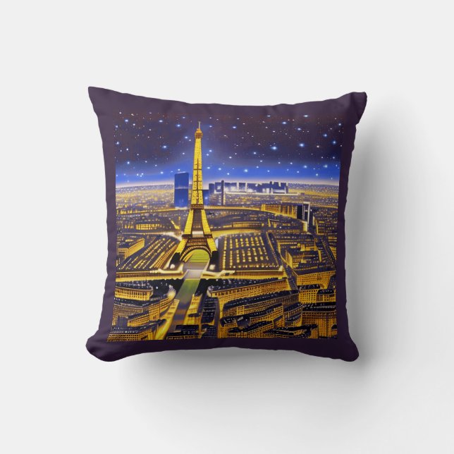 Paris Under a Purple Starry Sky Throw Pillow (Front)