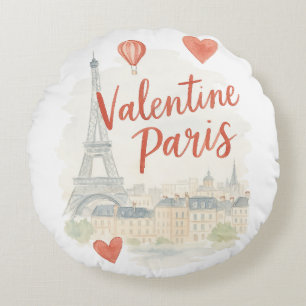 Paris Valentine Watercolor  – Eiffel Tower Love  Round Pillow