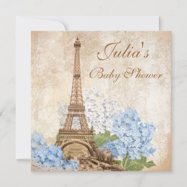 Paris Vintage Blue Hydrangea Baby Shower Invitation (Front)