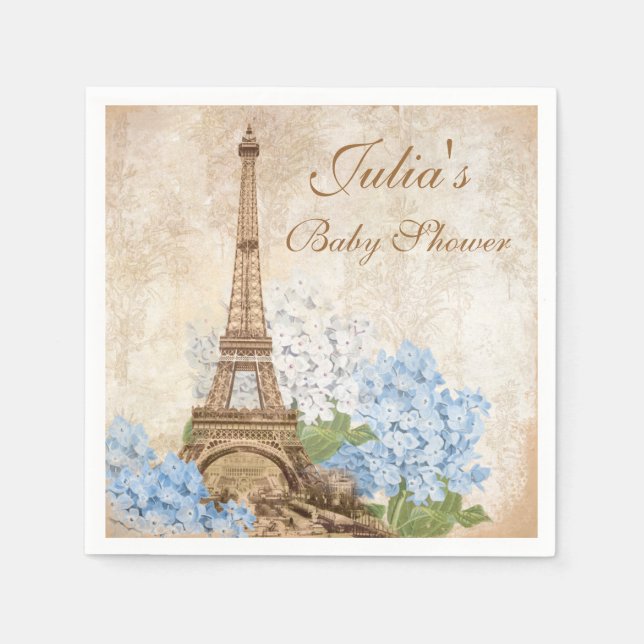 Paris Vintage Blue Hydrangea Baby Shower Napkins (Front)