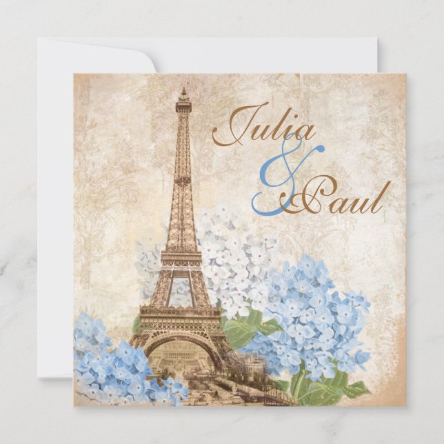 Paris Vintage Blue Hydrangea Wedding Invitation (Front)