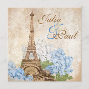 Paris Vintage Blue Hydrangea Wedding Invitation