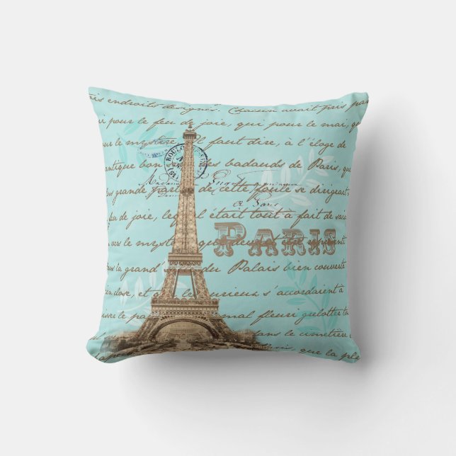 Paris Vintage French Writing Aqua Pillow (Front)