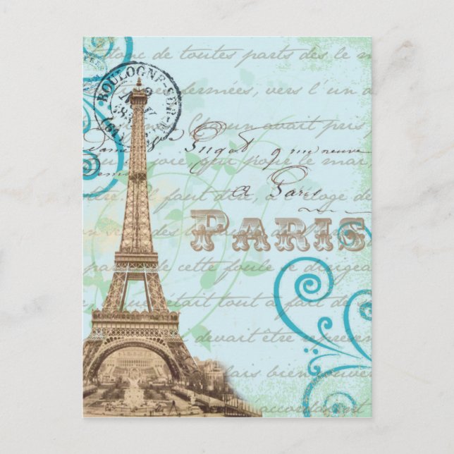 Paris Vintage French Writing Aqua Postcard (Front)