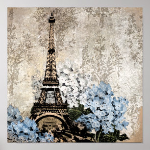 Paris Vintage Hydrangeas Dark Poster or Print