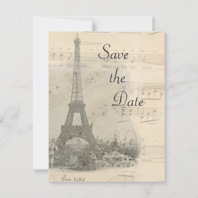 Paris Vintage Music Wedding Save the Date Card (Front)