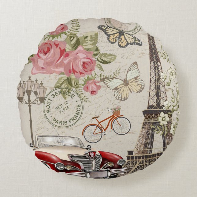 Paris vintage postcard. round pillow (Front)