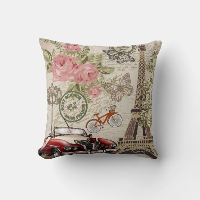 Paris Vintage: Postcard Style Throw Pillow (Front)