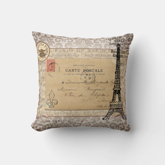 Paris Vintage Shabby Chic Eiffel Tower Throw Pillow (Front)