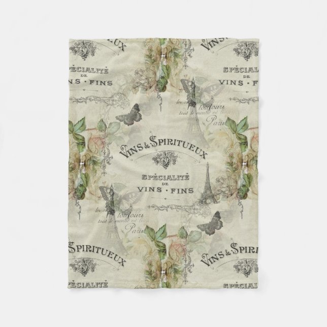 Paris Vintage Wine and Roses Fleece Blanket (Front)