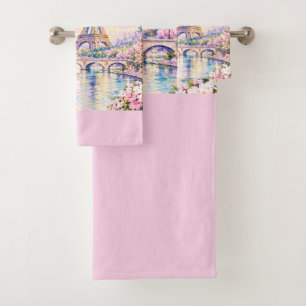 Paris Watercolor Eiffel Tower Pink Floral French Bath Towel Set