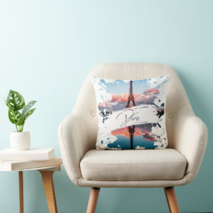 Paris Watercolor Splash Art T-Shirt Eiffe Tower Throw Pillow