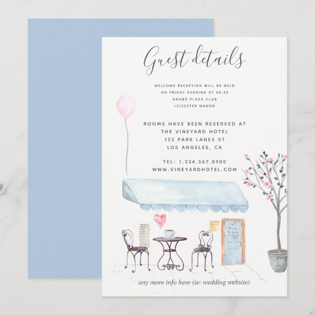 Paris Wedding Guest Details watercolor floral Invitation (Front/Back)