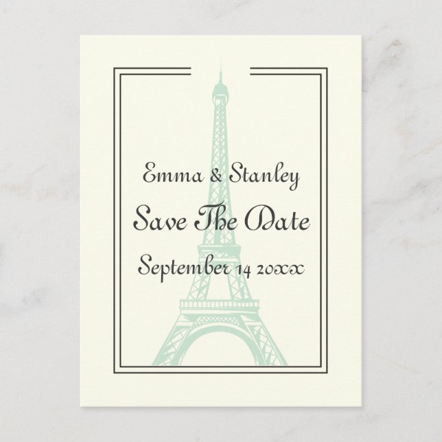 Paris wedding mint Eiffel Tower Save the Date Announcement Postcard (Front)