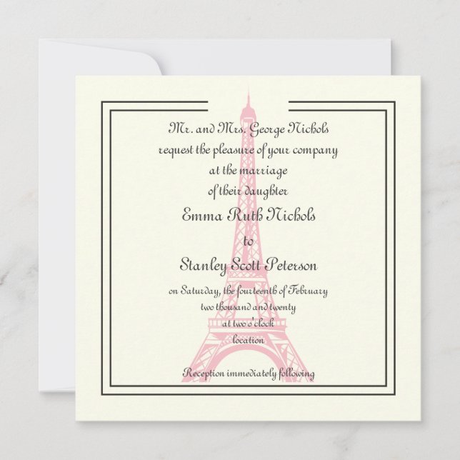 Paris wedding pink Eiffel Tower classic ivory Invitation (Front)