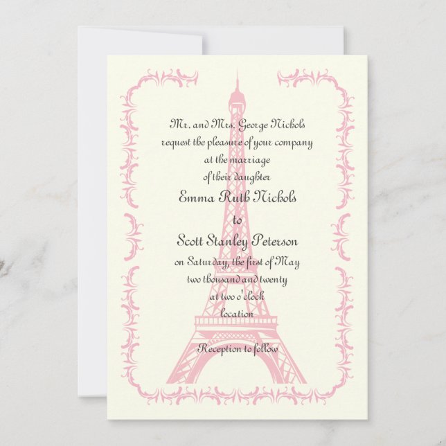 Paris wedding pink Eiffel Tower ivory invitation (Front)