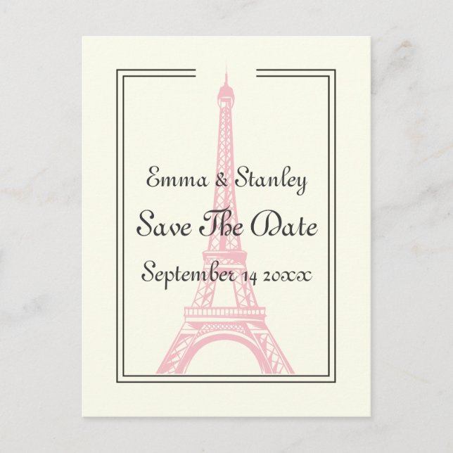 Paris wedding pink Eiffel Tower Save the Date Announcement Postcard (Front)