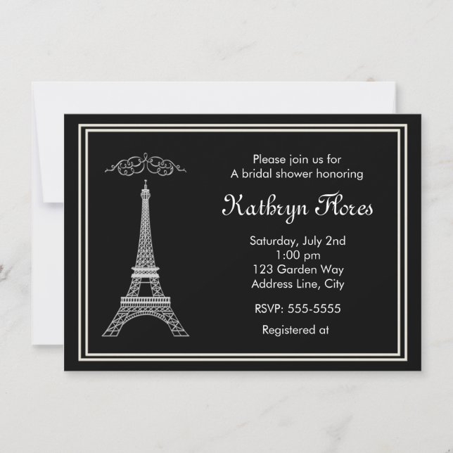 Paris White Eiffel Tower on black French Invite (Front)