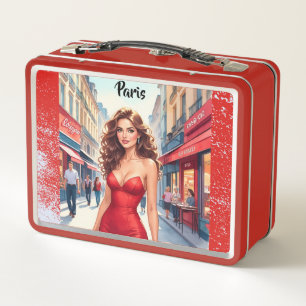 Paris, Woman in Red on the Champ-Elysees in Paris Metal Lunch Box