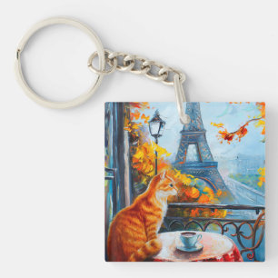 Parisian Autumn Ginger Cat at a Cafe Keychain