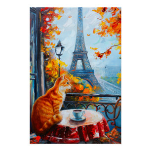 Parisian Autumn   Ginger Cat at a Cafe Poster