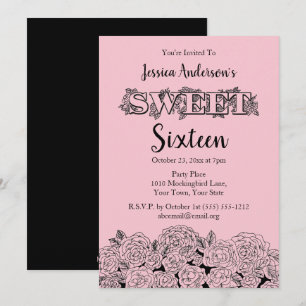 Parisian Boutique Pink Black Rose Sweet Sixteen Invitation