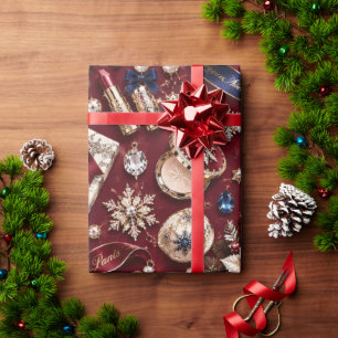 Parisian Burgundy Navy Christmas Jewels Wrapping Paper