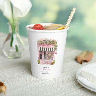 Parisian Cafe Bonjour Bebe Pink Bow Baby Shower Paper Cups