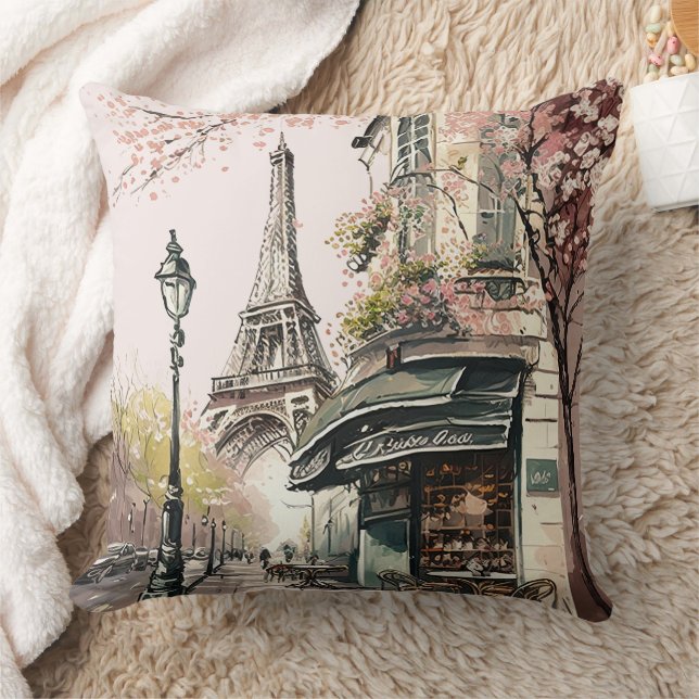 Parisian Cafe Eiffel Tower Pink Cherry Blossoms Throw Pillow (Blanket)
