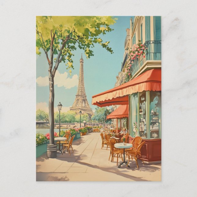 Parisian Café with Eiffel View Holiday Postcard (Front)