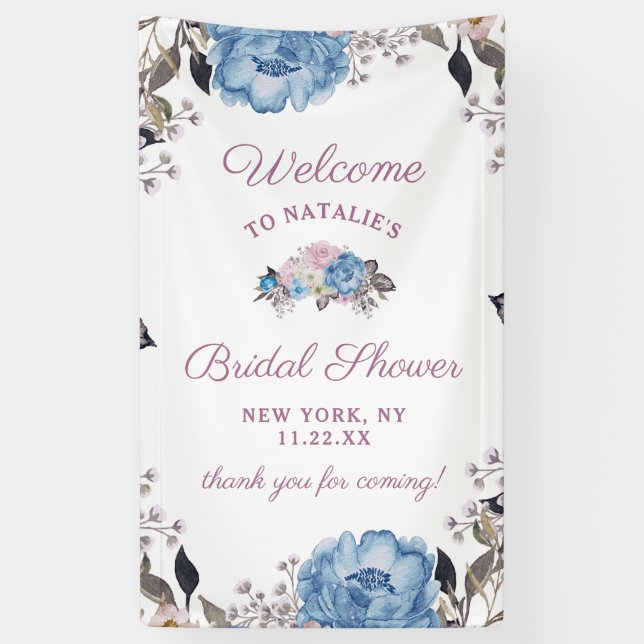 Parisian Charm Blue Floral Bridal Shower Welcome Banner (Vertical)