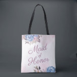 Parisian Charm Blue & Pink Floral Maid of Honour Tote Bag<br><div class="desc">Parisian Charm Blue & Pink Shabby Chic Floral Design with Painted Roses, Leaves, and Flowers. A Charming and Playful Look, with Blush Pink, Dusty Blue, Mauve, Dark Navy Violet colour palette. With Hand Painted Watercolor Floral elements, Vintage Classic Script Fonts and Watercolor paint brush strokes - Maid of Honour Tote...</div>