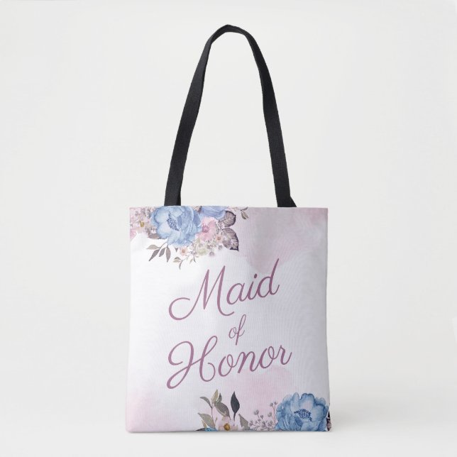 Parisian Charm Blue & Pink Floral Maid of Honour Tote Bag (Front)