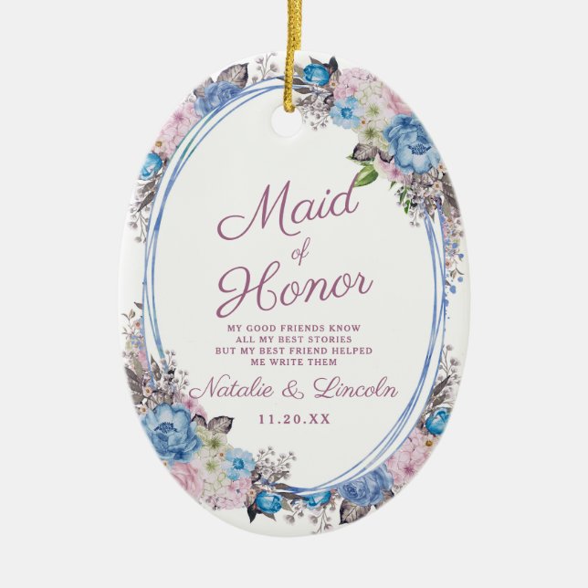 Parisian Charm Blue & Pink Maid of Honour Quote Ceramic Ornament (Front)