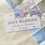 Parisian Charm Blue & Pink Wedding Just Married License Plate<br><div class="desc">Parisian Charm Blue & Pink Floral Chic and Shabby Design with Painted Roses, Leaves, and Flowers. A Charming and Playful Look, with Blush Pink, Dusty Blue, Mauve, Dark Navy Violet colour palette. With Hand Painted Watercolor Floral elements, Vintage Classic Script Fonts - Wedding Just Married Newlyweds License Plate Cover! ~...</div>