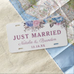 Parisian Charm Blue & Pink Wedding Just Married License Plate<br><div class="desc">Parisian Charm Blue & Pink Floral Chic and Shabby Design with Painted Roses, Leaves, and Flowers. A Charming and Playful Look, with Blush Pink, Dusty Blue, Mauve, Dark Navy Violet colour palette. With Hand Painted Watercolor Floral elements, Vintage Classic Script Fonts - Wedding Just Married Newlyweds License Plate Cover! ~...</div>