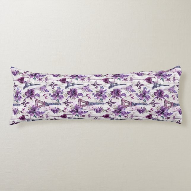 Parisian Charm Purple Eiffel Tower and Floral  Body Pillow (Front)